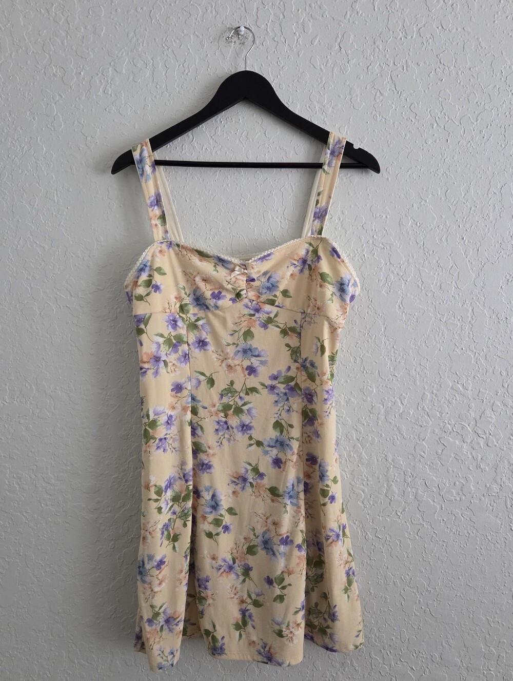 Thirty Thirty LA Yellow Floral Lace Trim Sweetheart Neck Babydoll Mini Dress